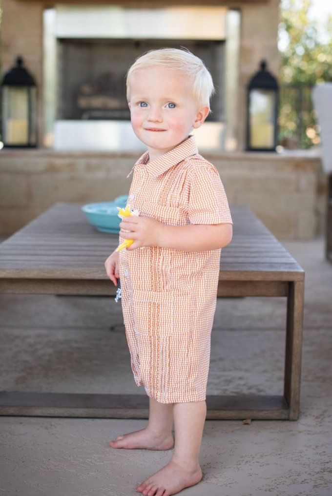 Guayabera - Gameday Burnt Orange Wave Check Short Sleeve Romper