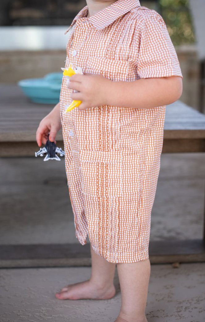 Guayabera - Gameday Burnt Orange Wave Check Short Sleeve Romper