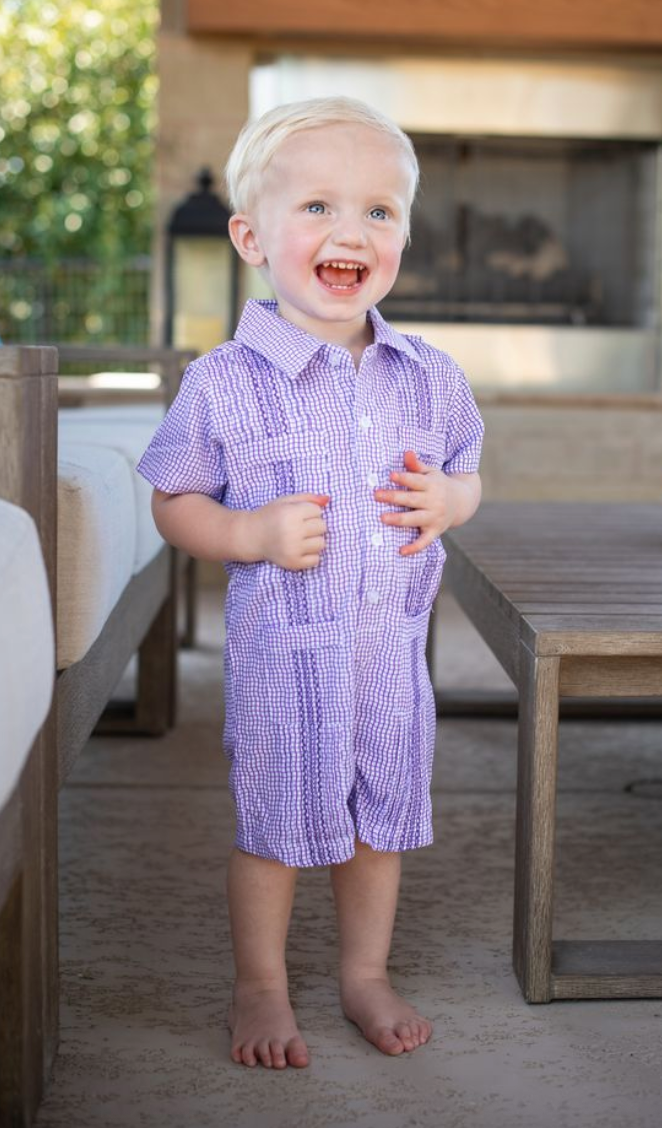 Guayabera - Gameday Purple Wave Check Short Sleeve Romper