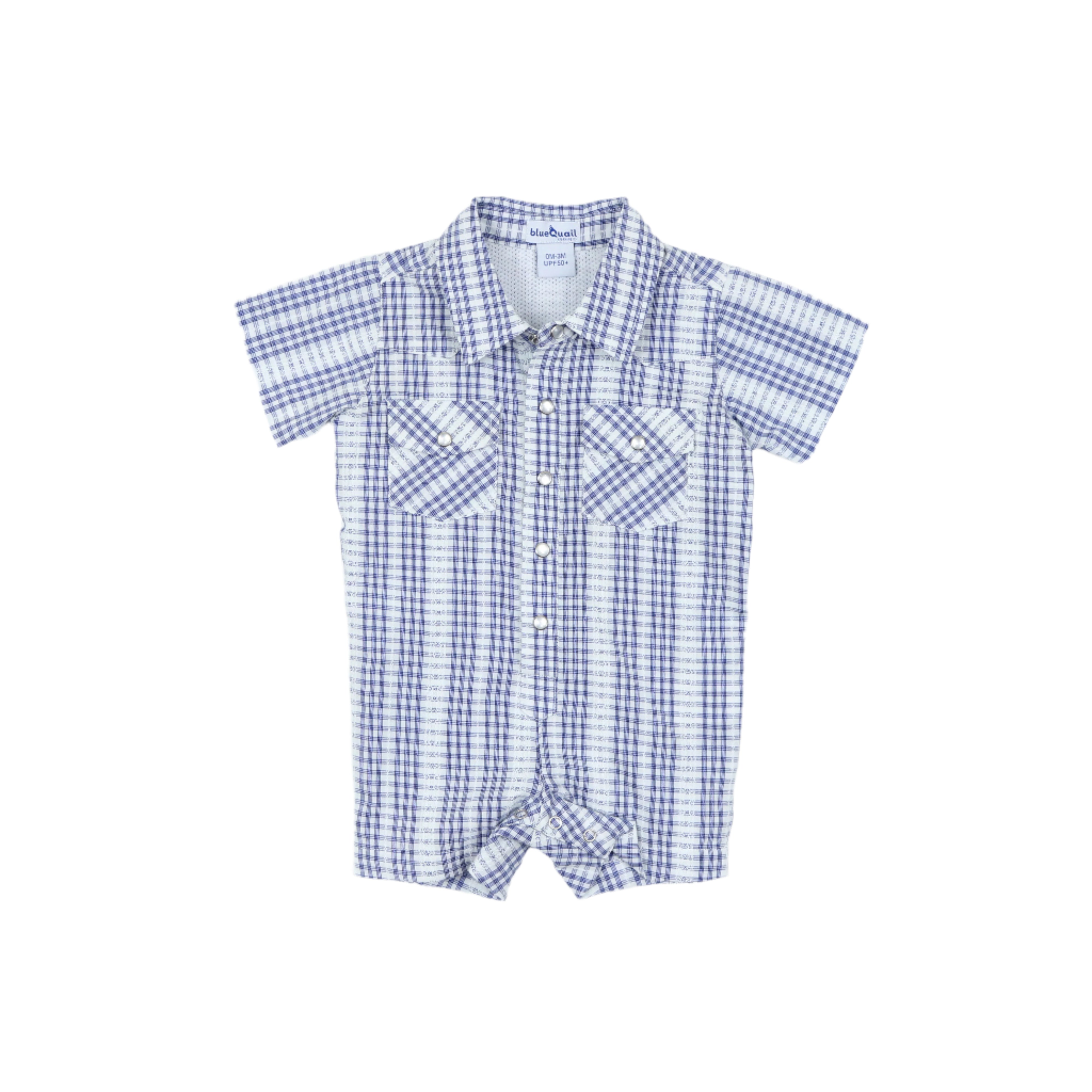 Navy Plaid Pearl Snap Romper Everyday Collection BlueQuail