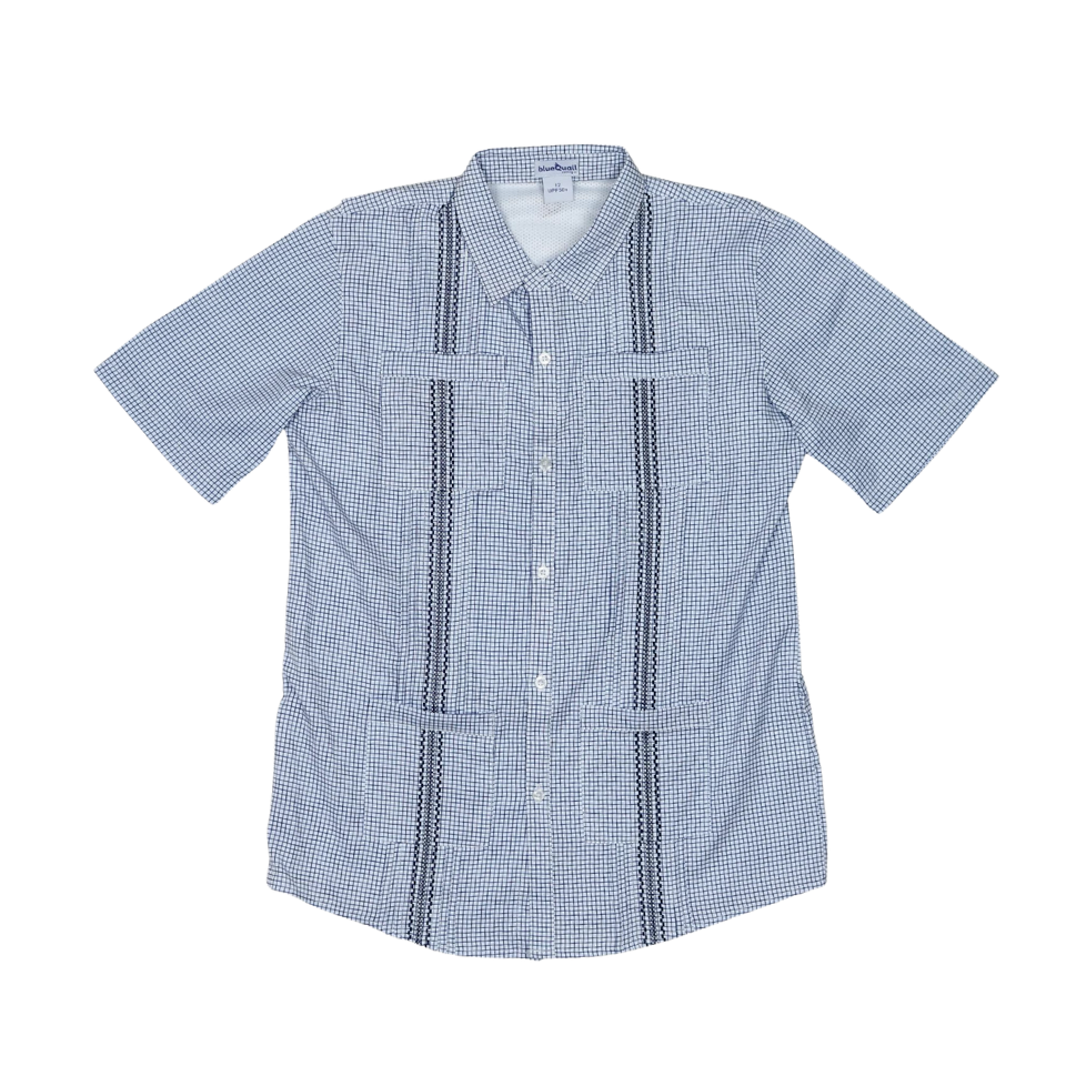 Kids Gameday Guayabera print in Classic Navy with UPF 50+ sun protection by BlueQuail Clothing Co.