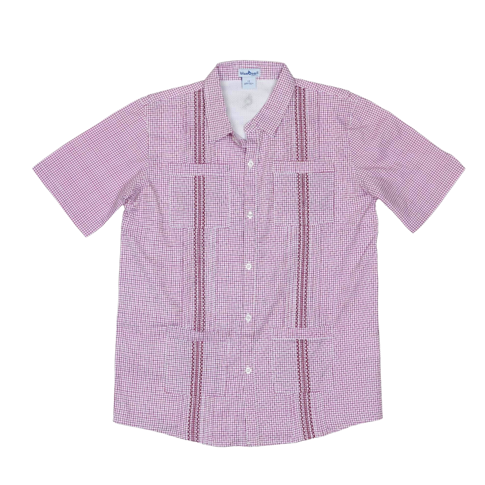Kids or Mens Gameday Guayabera print in Crimson Red with UPF 50+ sun protection by BlueQuail Clothing Co.