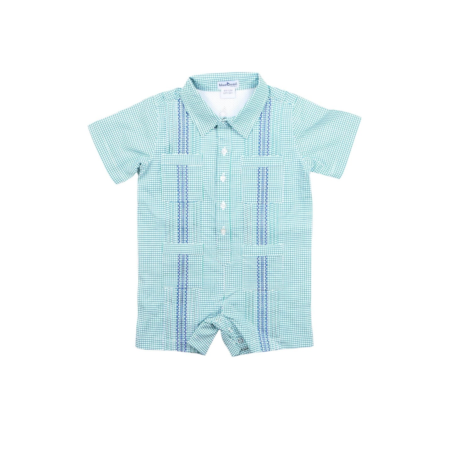 Guayabera- Jade/Navy Check Short Sleeve Romper