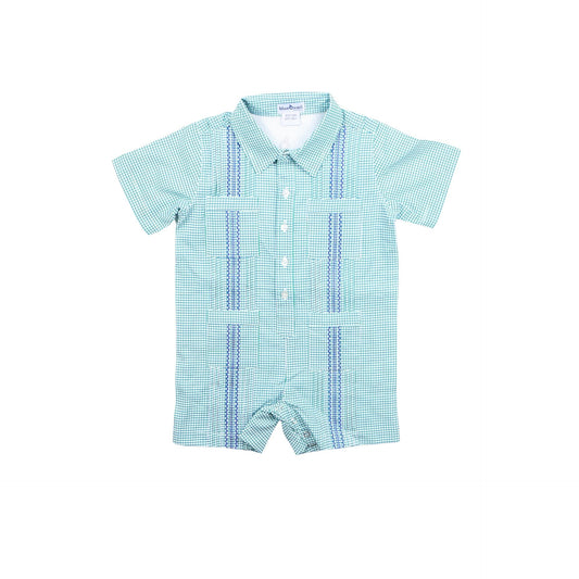 Guayabera- Jade/Navy Check Short Sleeve Romper