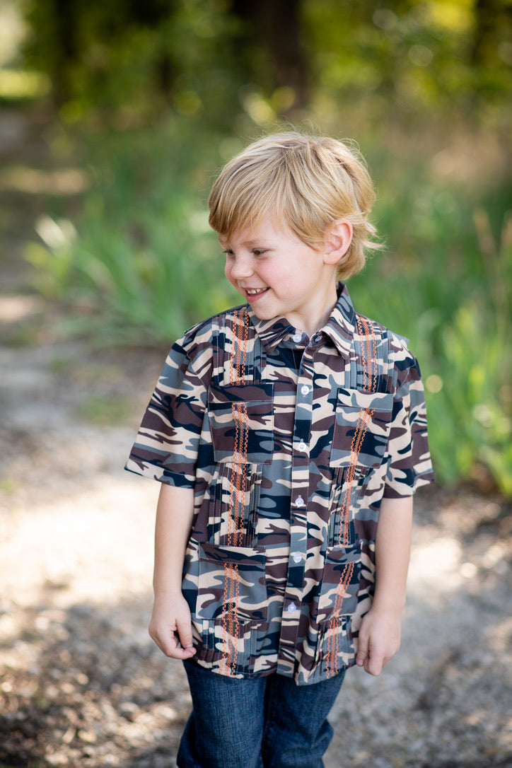 Guayabera -Retro Camo & Blaze Orange Short Sleeve Shirt