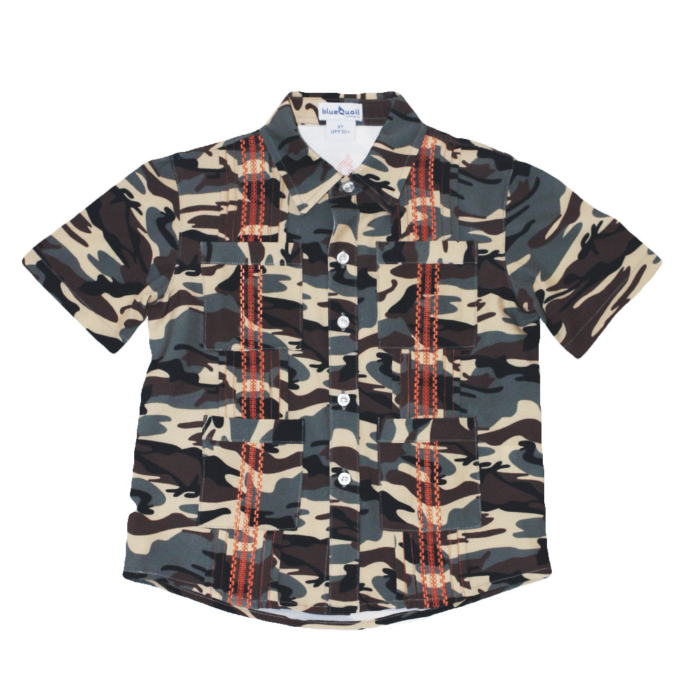 Guayabera -Retro Camo & Blaze Orange Short Sleeve Shirt