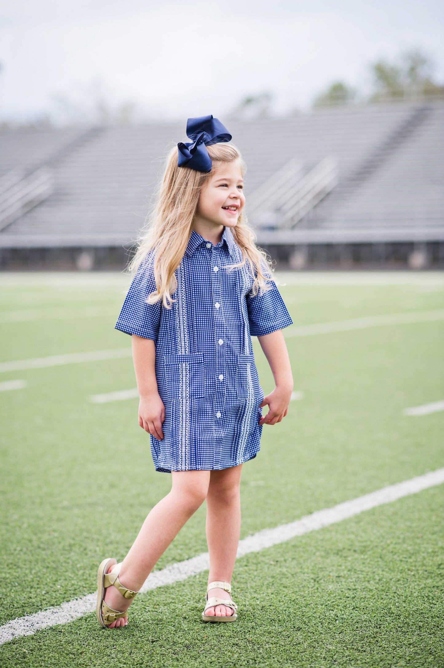 Guayabera - Gameday Navy Blue & White Gingham Dress
