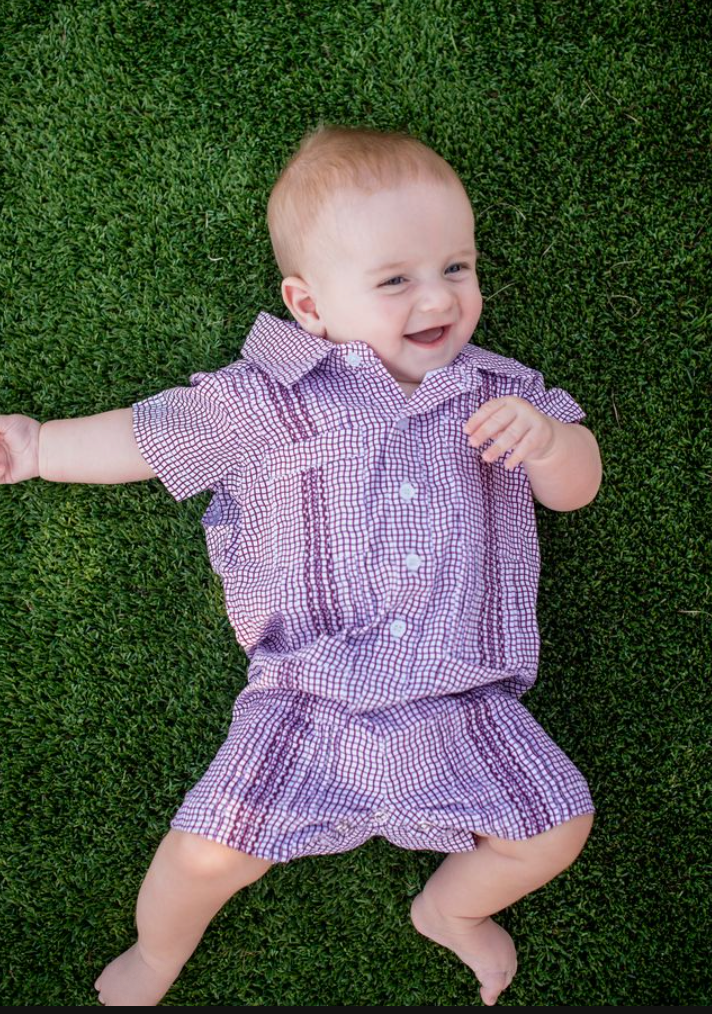 Guayabera - Gameday Maroon Wave Check Short Sleeve Romper