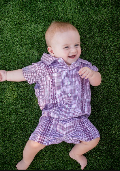 Guayabera - Gameday Maroon Wave Check Short Sleeve Romper