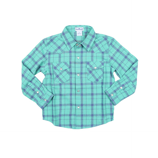 Blue & Green Plaid Flannel Pearl Snap Long Sleeve Shirt