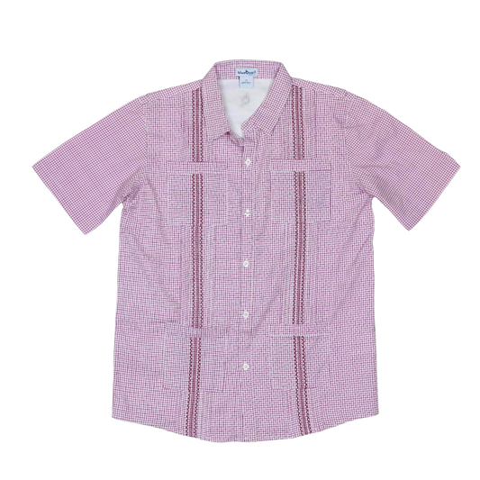 Kids or Mens Gameday Guayabera print in Crimson Red with UPF 50+ sun protection by BlueQuail Clothing Co.