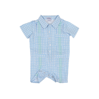 Guayabera - Blue Cane Lattice Short Sleeve Romper