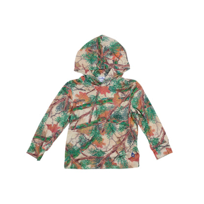 Kids lightweight performance hoodie in Hill Country Camo print, UPF 50+ sun protection by BlueQuail Clothing Co.