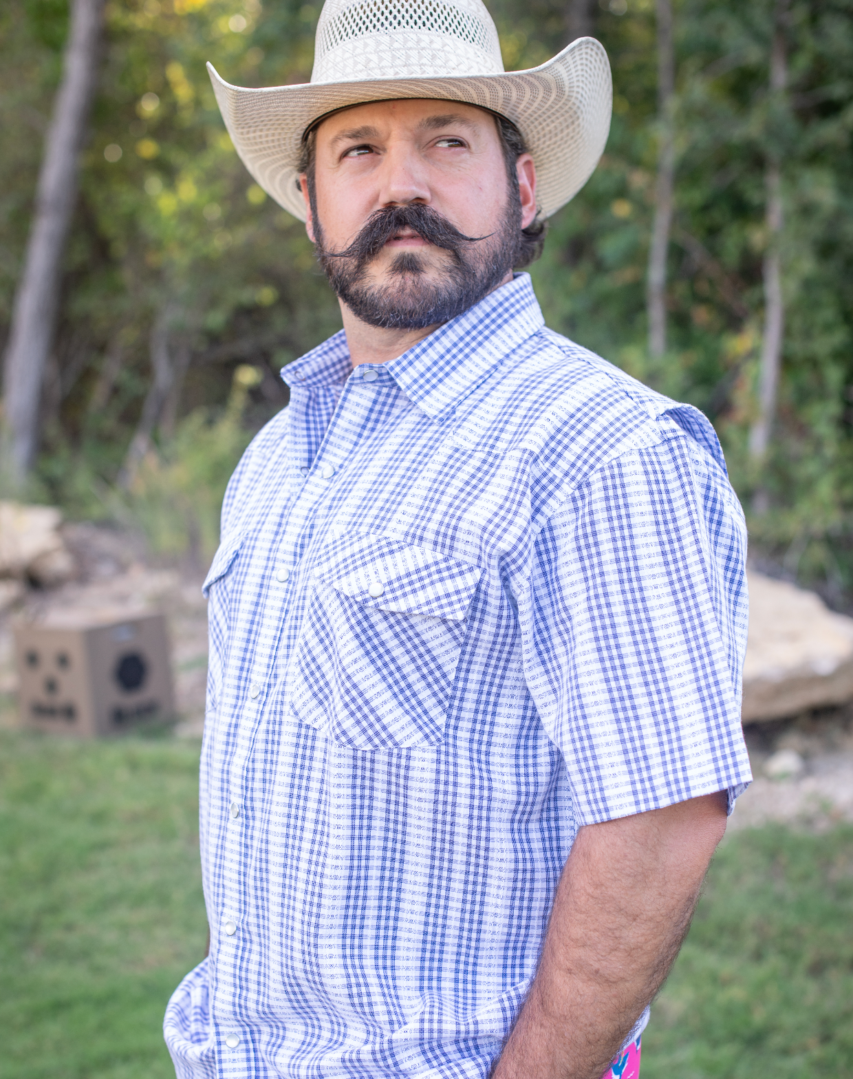 Men's - Navy Plaid Pearl Snap Short Sleeve Shirt