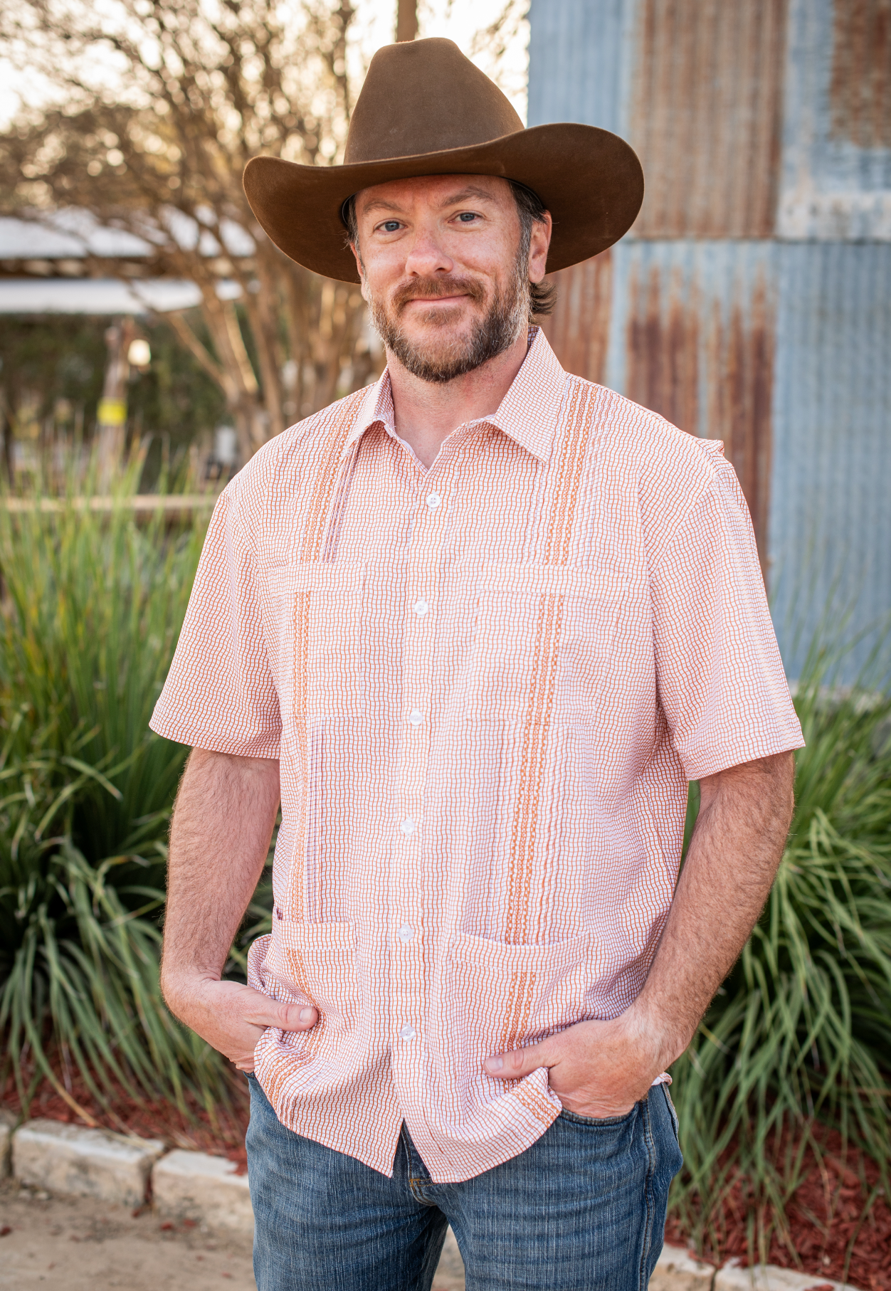 Men’s - Guayabera - Gameday Burnt Orange Wave Check Short Sleeve Shirt
