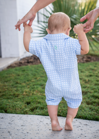 Guayabera - Blue Cane Lattice Short Sleeve Romper