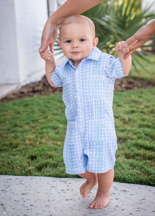 Guayabera - Blue Cane Lattice Short Sleeve Romper