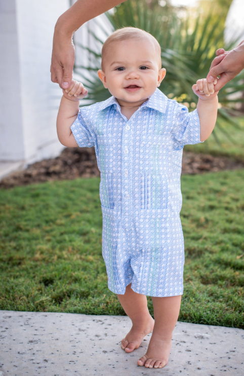 Guayabera - Blue Cane Lattice Short Sleeve Romper