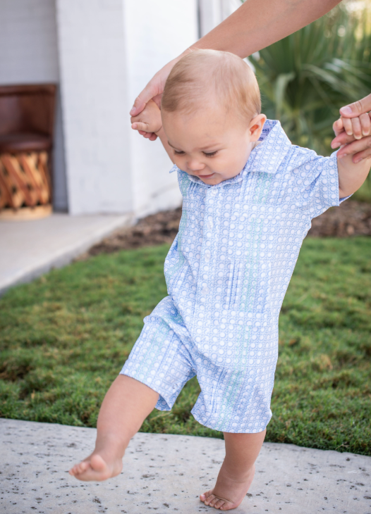 Guayabera - Blue Cane Lattice Short Sleeve Romper