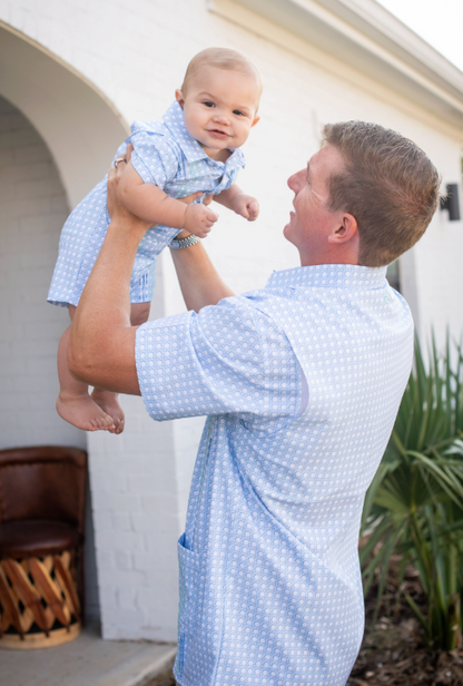 Guayabera - Blue Cane Lattice Short Sleeve Romper