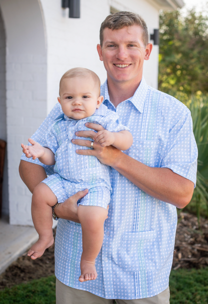 Guayabera - Blue Cane Lattice Short Sleeve Romper