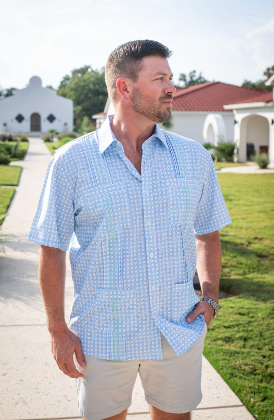 Men’s - Guayabera - Blue Cane Lattice Short Sleeve Shirt