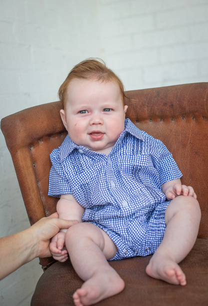 Guayabera - Gameday Navy Wave Check Short Sleeve Romper